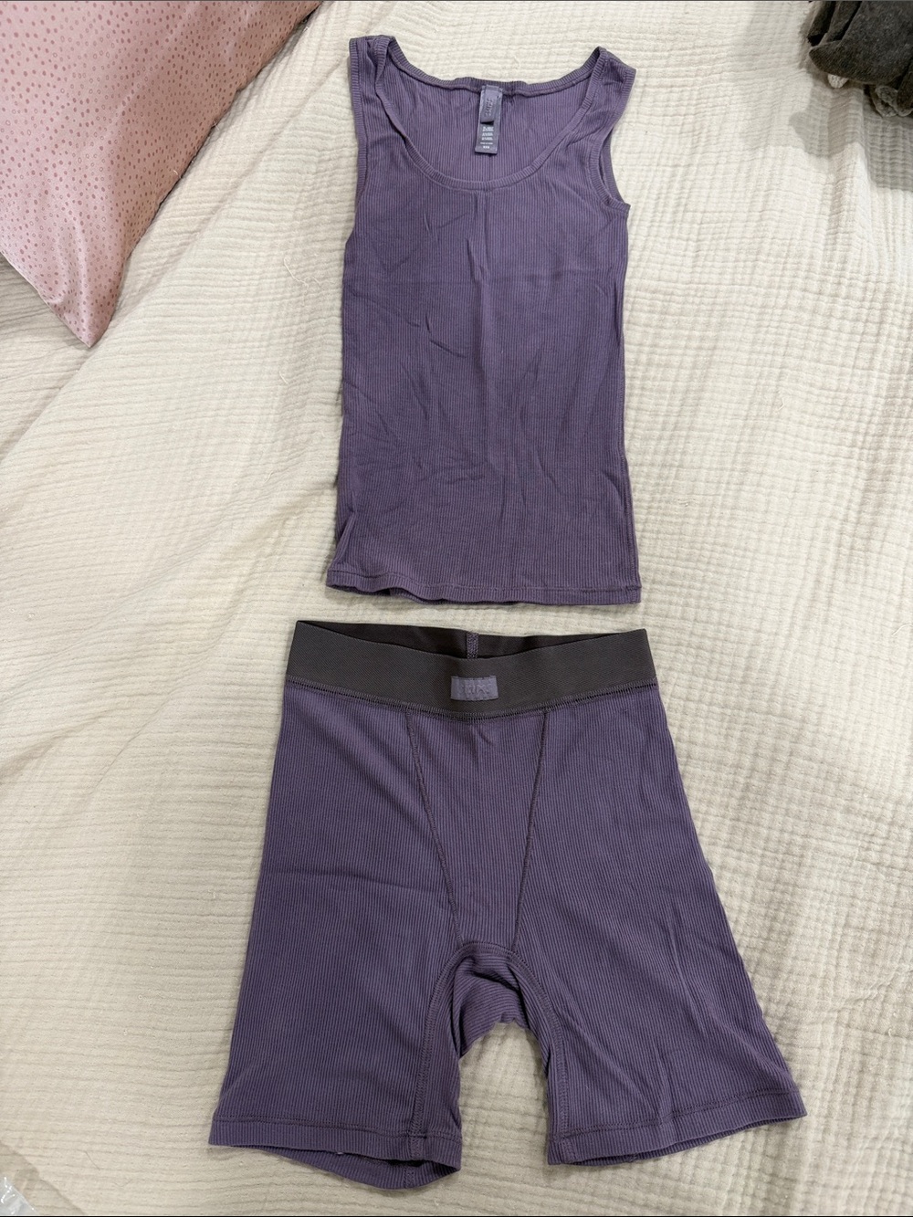 SKIMS Ribbed Tank Top and Boxer Short Set in Deep Purple